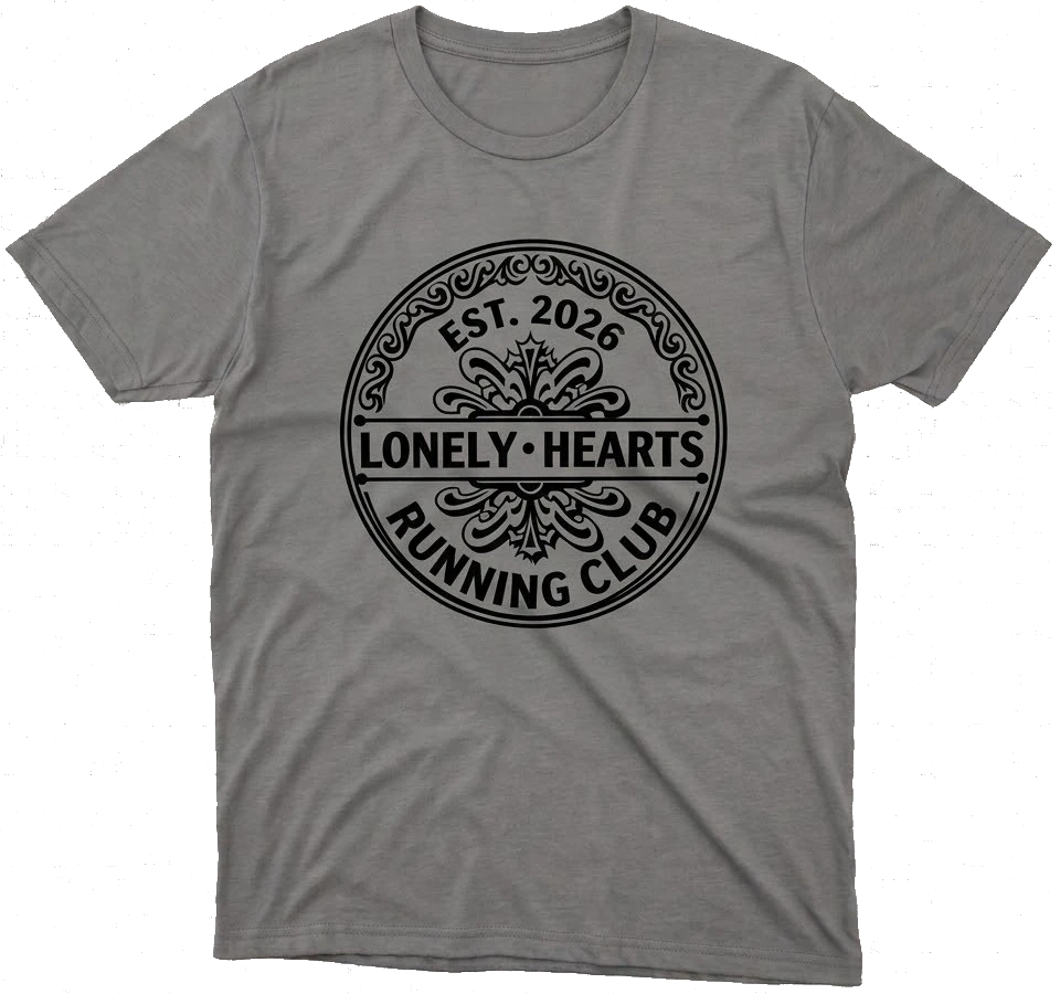 Light grey Lonely Hearts Running Club T-shirt with a black chest logo